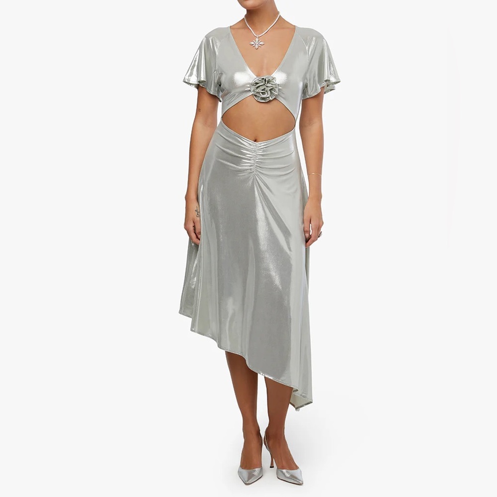 We Wore What Asymmetrical Cutout Dress - liquid foil